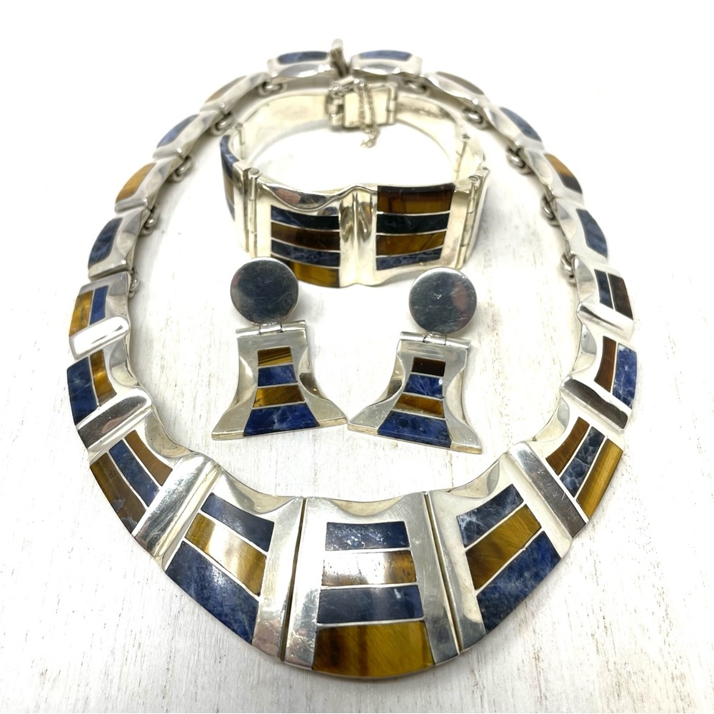 TAXCO three piece sterling silver set with inlaid gemstones, NWOT - Picture 2 of 14